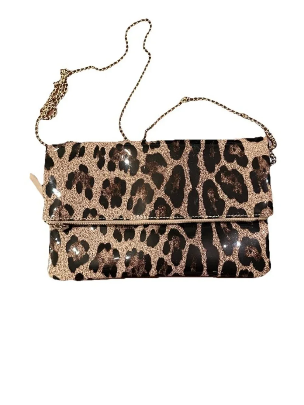 Vinyl Leopard Print Clutch with Gold Crossbody Chain Perfect With Jeans & Heels